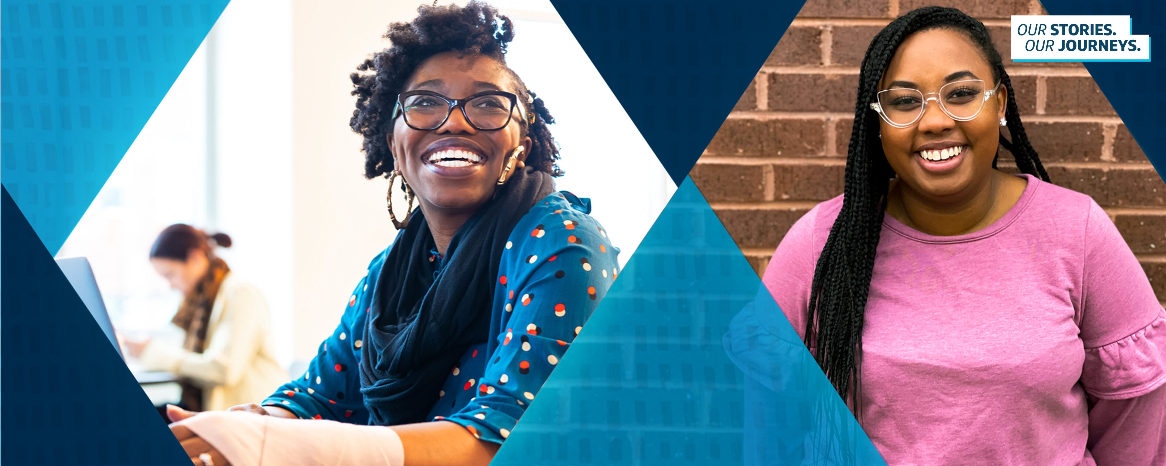 Two Capital One Black associates smiling with the Capital One blue triangle treatment