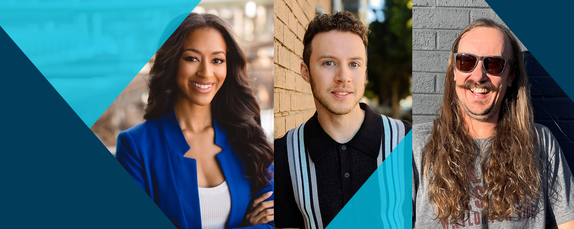 A collage of three pictures of Capital One associates with Capital One's blue triangular background