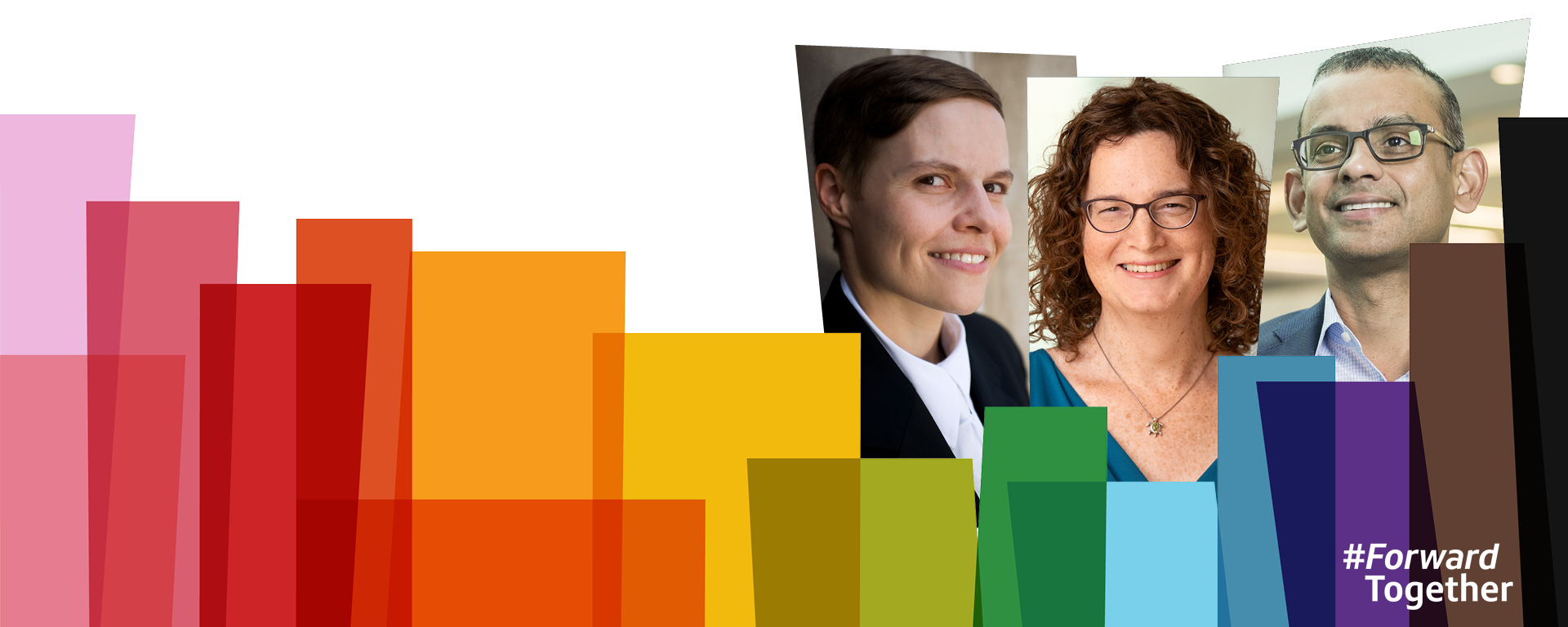 An image with the Pride month colorful image treatment featuring three Capital One leaders who share their stories about being in the LGBTQ community at Capital One