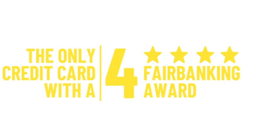 An image of a credit card featuring four prestigious fair banking awards.